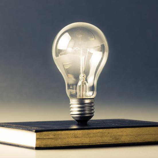 Viden - lyspære oven på bog.