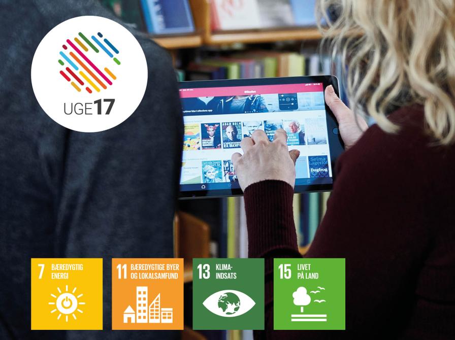 To personer kigger på iPad. Uge 17 logo. Verdensmål 7, 11, 13 og 15.