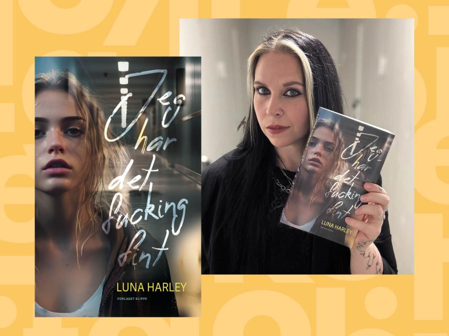 Portræt af forfatter Luna Harley og forsiden til bogen "Jeg har det fucking fint!"