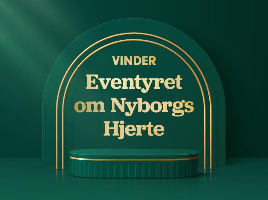 Teksten "Vinder Eventyret om Nyborgs Hjerte" på et grønt podium.
